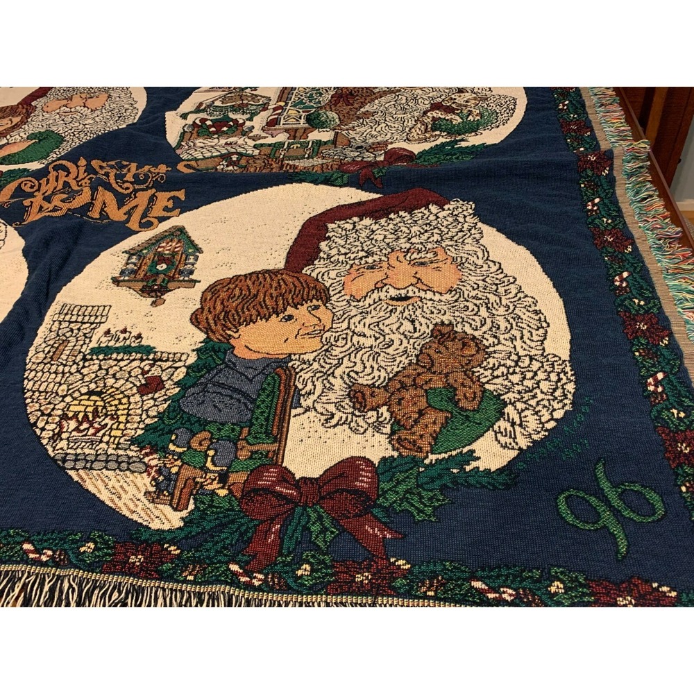Vtg Santa Christmas at Home Chatham Throw Blanket Tapestry Fringed Cotton USA